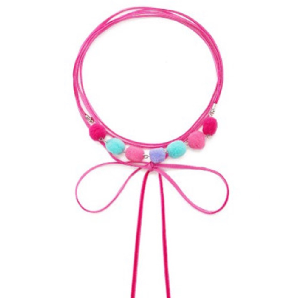 NWT Multicolored Pom Pom Tie Chocker Necklace Mint Green Pink Lighweight